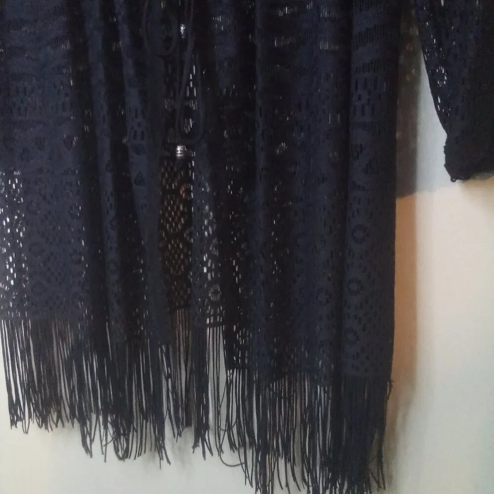 Dotti Cardigan Sweater Women S Long Sleeve Fringe Lace Open Tie Front Black